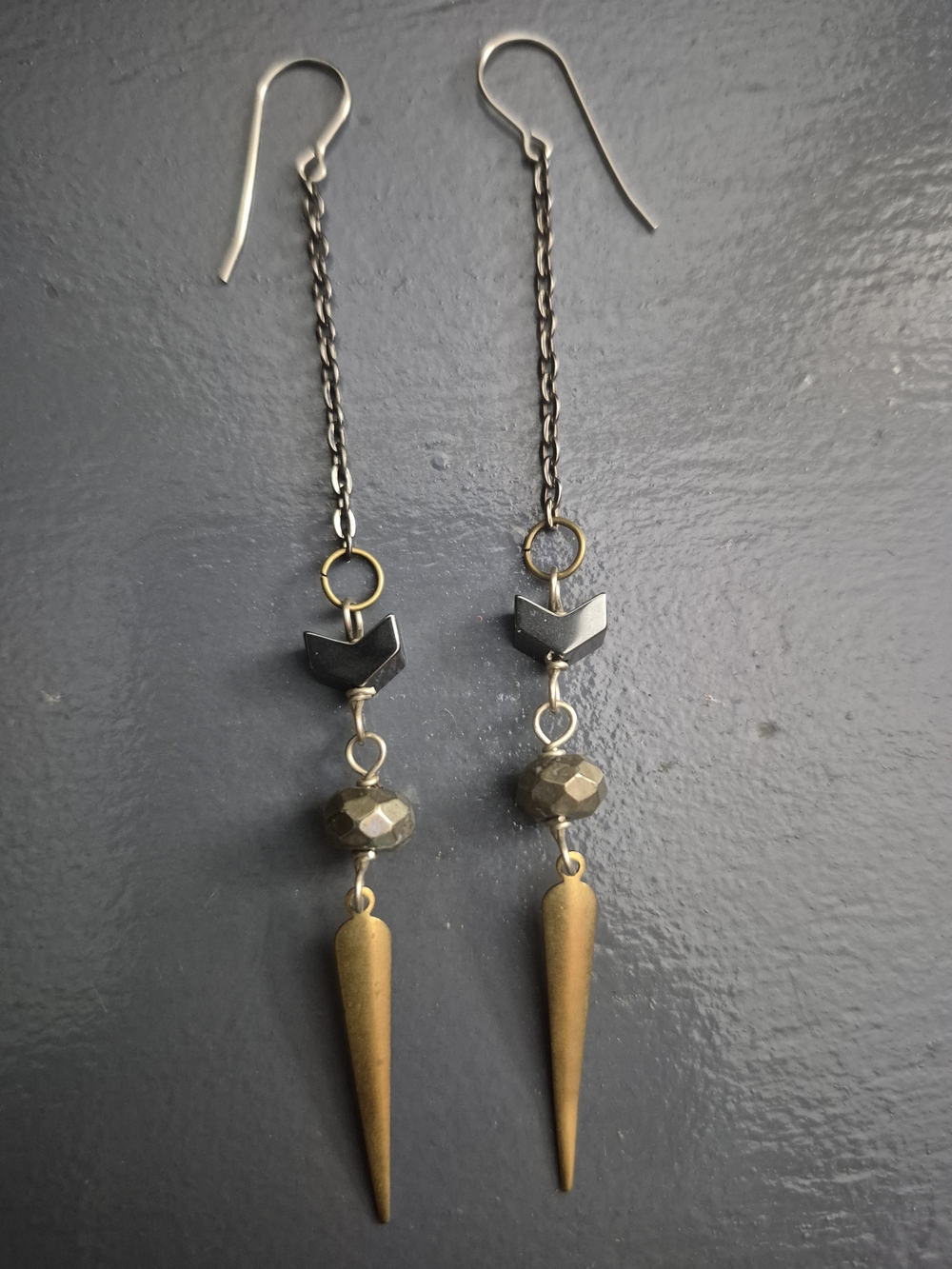 Long Handmade Two-Tone Spike Dangle Earrings - Gold and Gunmetal